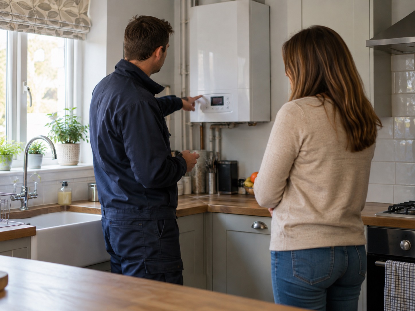 An engineer explaining boiler controls to a homeowner in her kitchen