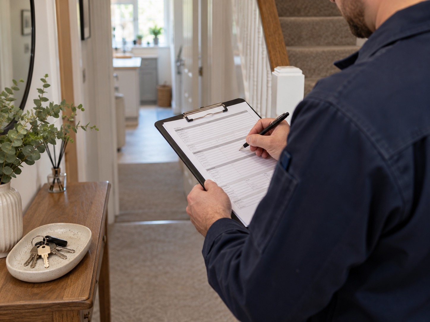 An engineer filling in a gas safety record in the hallway of a rented home
