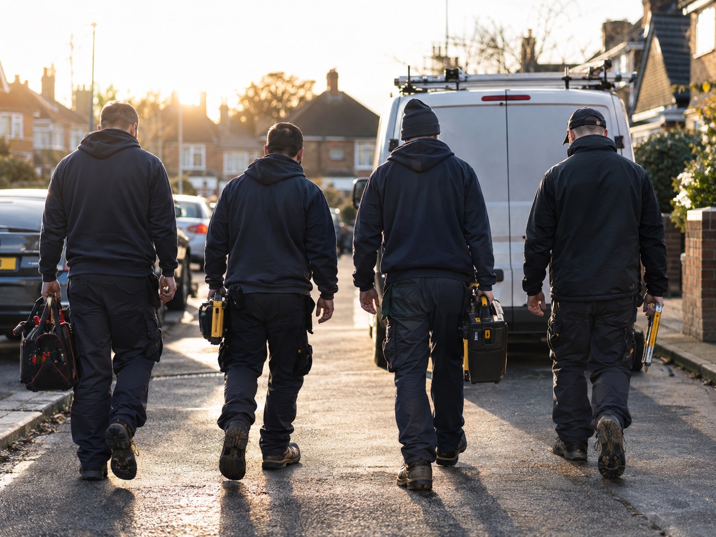 Four engineers walking towards their van on a residential street at sunrise
