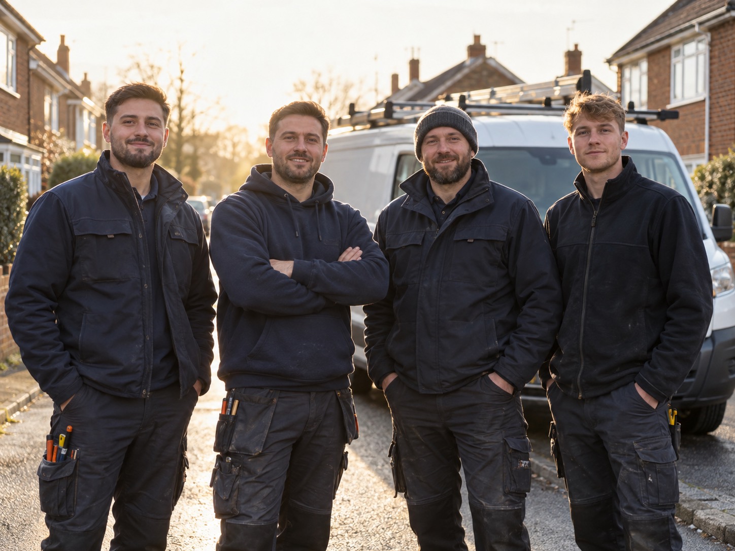 The WJEN Plumbing team standing in front of their van on a North London street